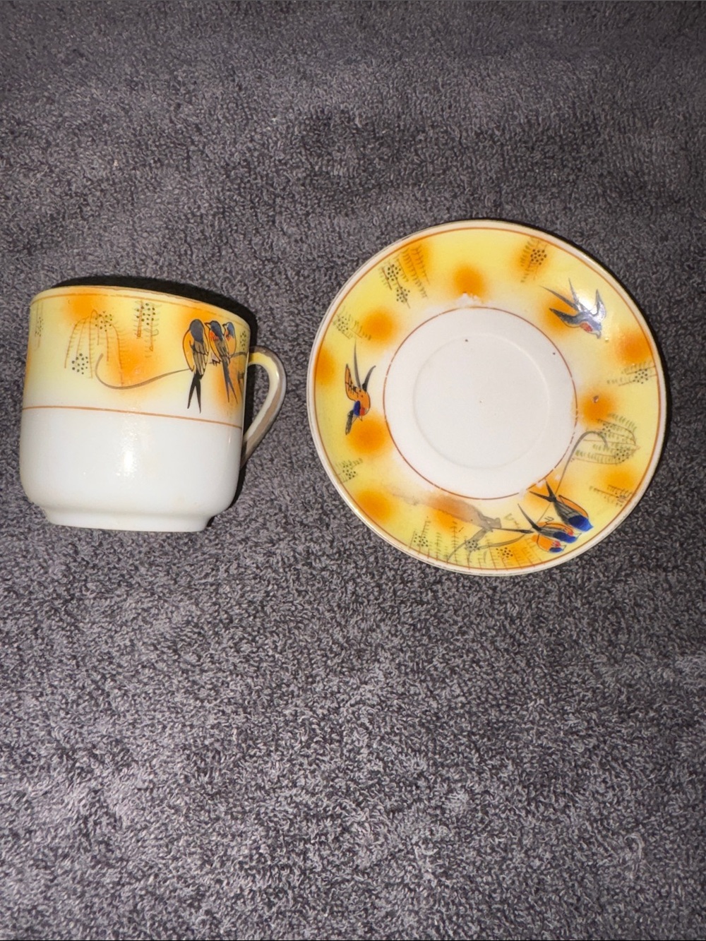 Vintage Bird Motif Teacup and Saucer - Yellow Accent CHILDREN’S 3 PIECE SET